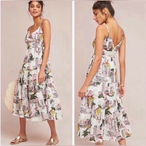 Anthropologie Lazy Bones Multicolor Cityscape Fit Flare Tiered Midi Dress